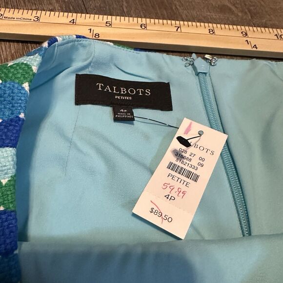 Womens NWT Blue Green Polka Dot TALBOTS Lined Stretch Below Knee Skirt 4 Petite - Picture 4 of 6
